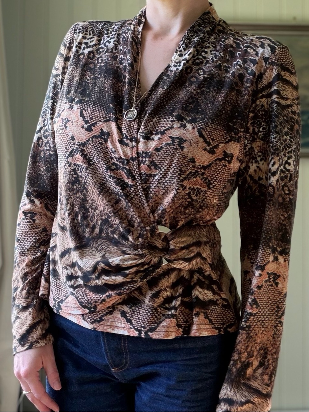 80s Vintage Animal Print Wrap Top Blouse Canadian Designer Joseph Ribkoff Large